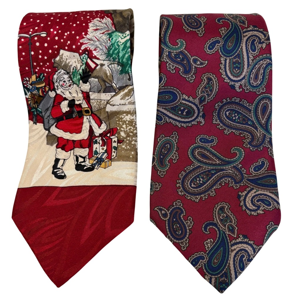 Vintage Lot 2 Woodward Necktie 3.5x55 Burgundy Red Santa Paisley Silk USA Made